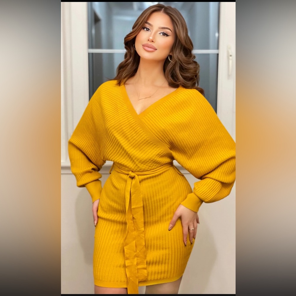 Fashion Nova Mustard V-Neck Sweater